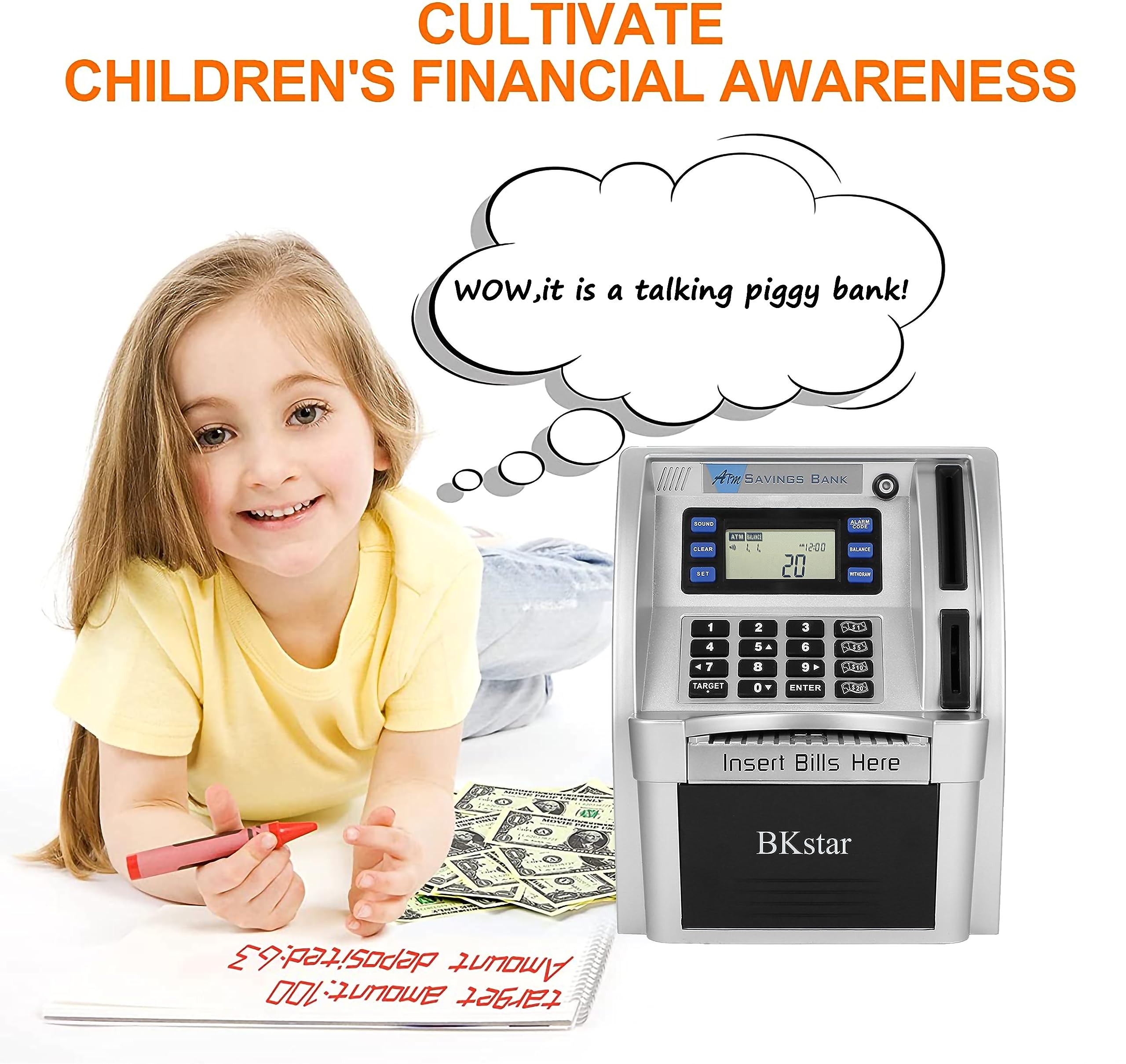 Kids Talking ATM Piggy Bank with Debit Cards, Power-Off Memory, Auto-Opening Drawer for Real Money for Boys, Onekey Shutdown, Bill Feeder, Coin Recognition, Balance Calculator Machine