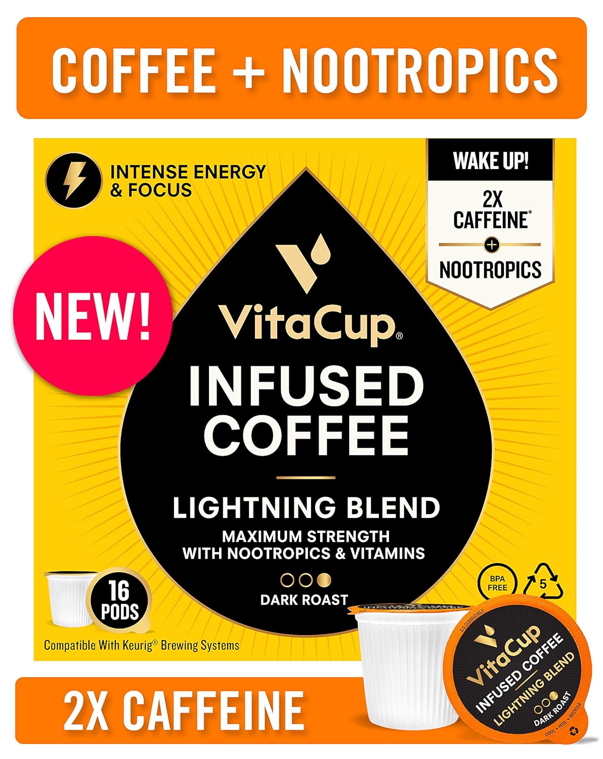 VitaCup Lightning Blend Nootropic Coffee Pods 16ct Intense Energy Focus | Vitamin-Infused Coffee | 2X Caffeine | Vegan | Vitamin B1, B5, B6, B9, B12, D3 | Compatible K-Cup Brewers Including Keurig
