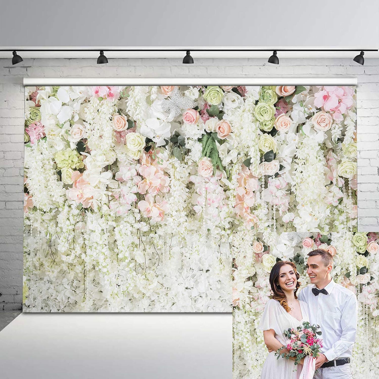 Avezano 8x6ft Wedding Flower Photography Background Floral Curtain White Flower Wall Backdrops for Baby Shower Birthday Party Ceremony Wall Decoration Banner