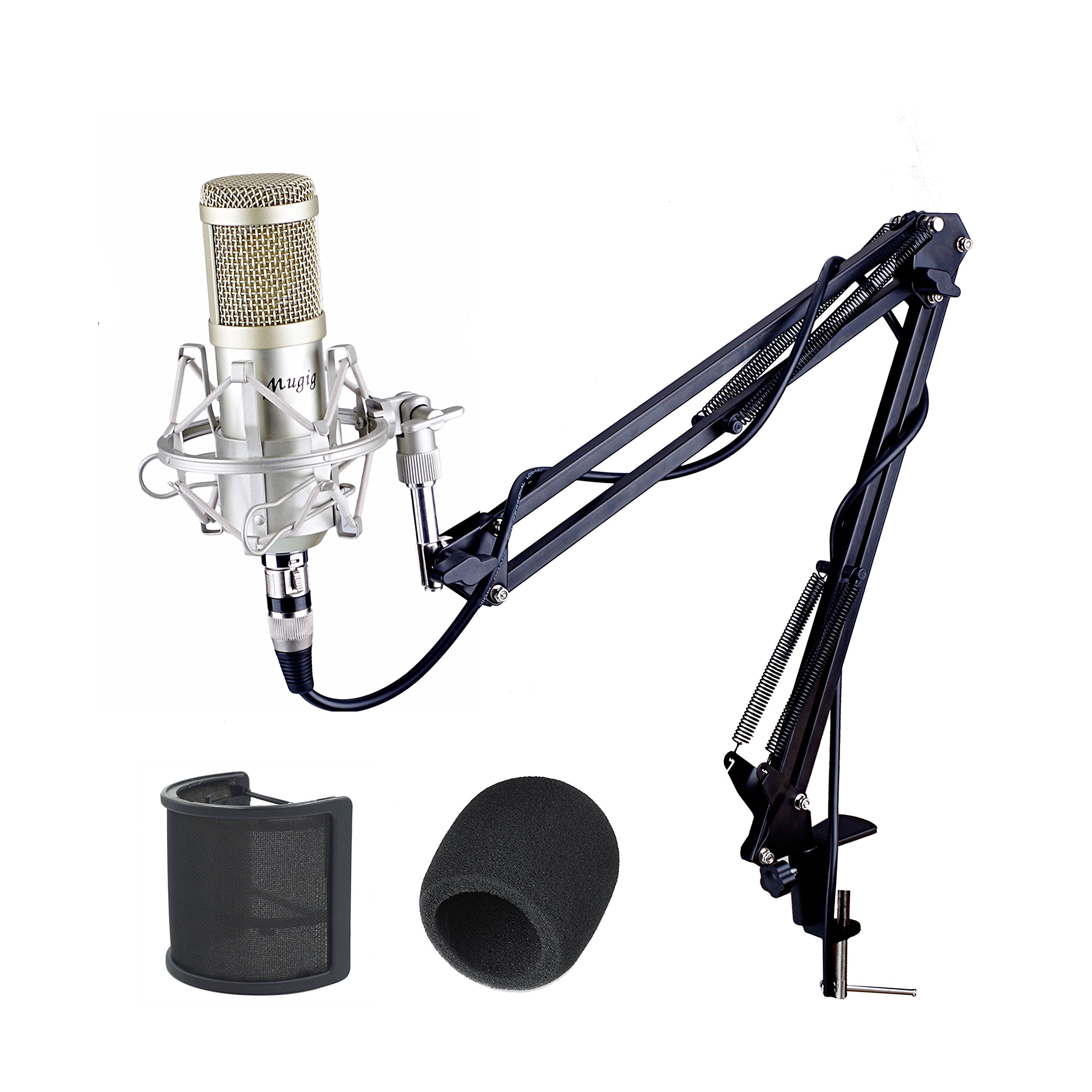 Mugig Condenser Microphone for Recording, Singing, Professional Studio Broadcasting Recording Mic Kit with Boom Arm Stand, Shock Mount and Pop Filter
