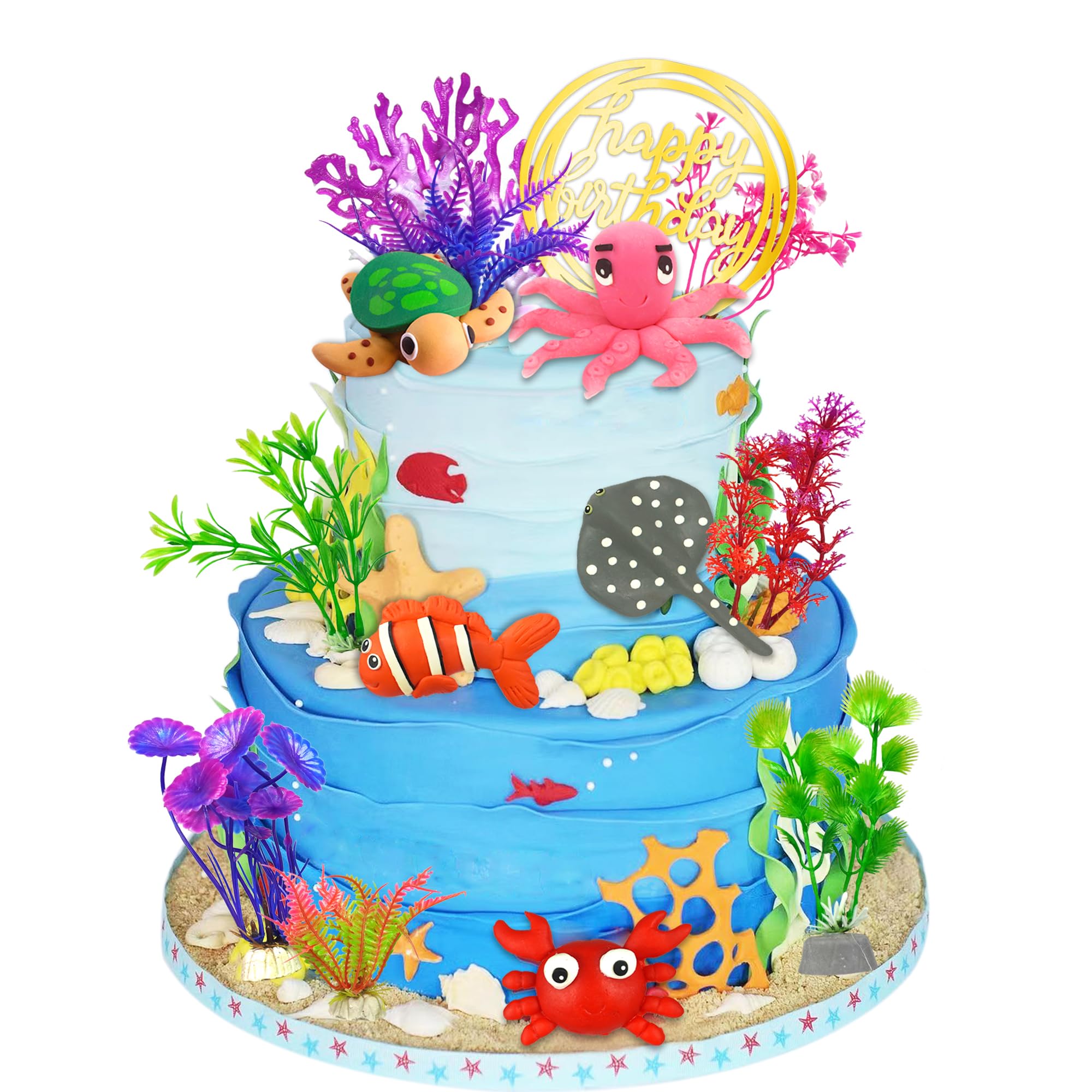 Photo 1 of 16 PCS Sea Ocean Cake Toppers Under the Sea Ocean Animals Birthday Cake Decorations for Sea Ocean Theme Baby Shower Birthday Party Supplies (Ocean)