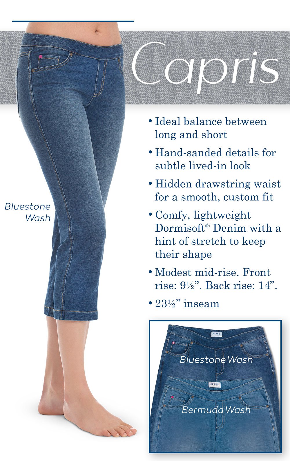 Lightweight Stretch Knit Denim Womens Capris, Blue Denim Fit