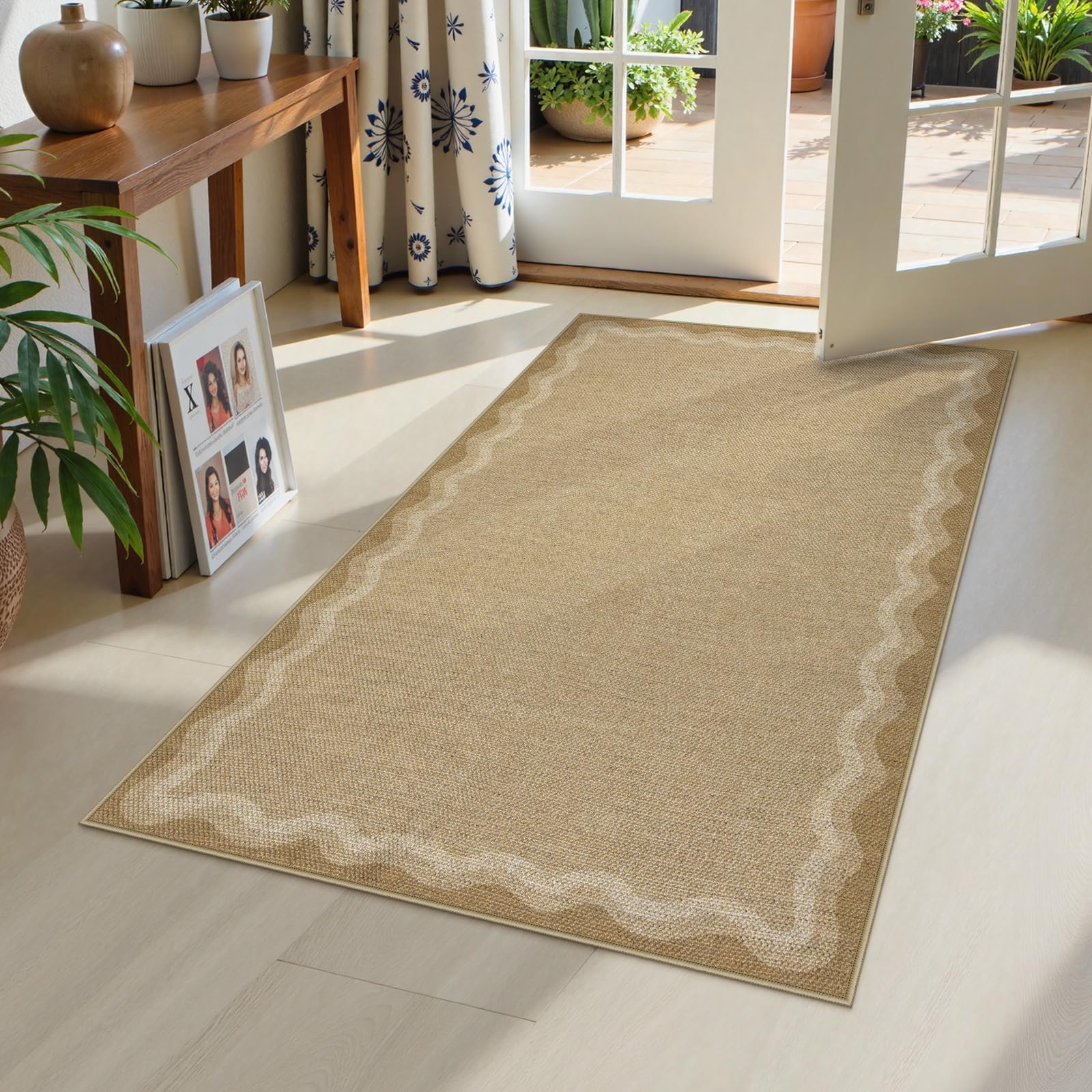 Photo 1 of LIVEBOX Scalloped Washable 3x5 Outdoor Rug, Easy Jute Geometri Tan Rug for Entryway, Indoor Non Slip Farmhouse Rugs 