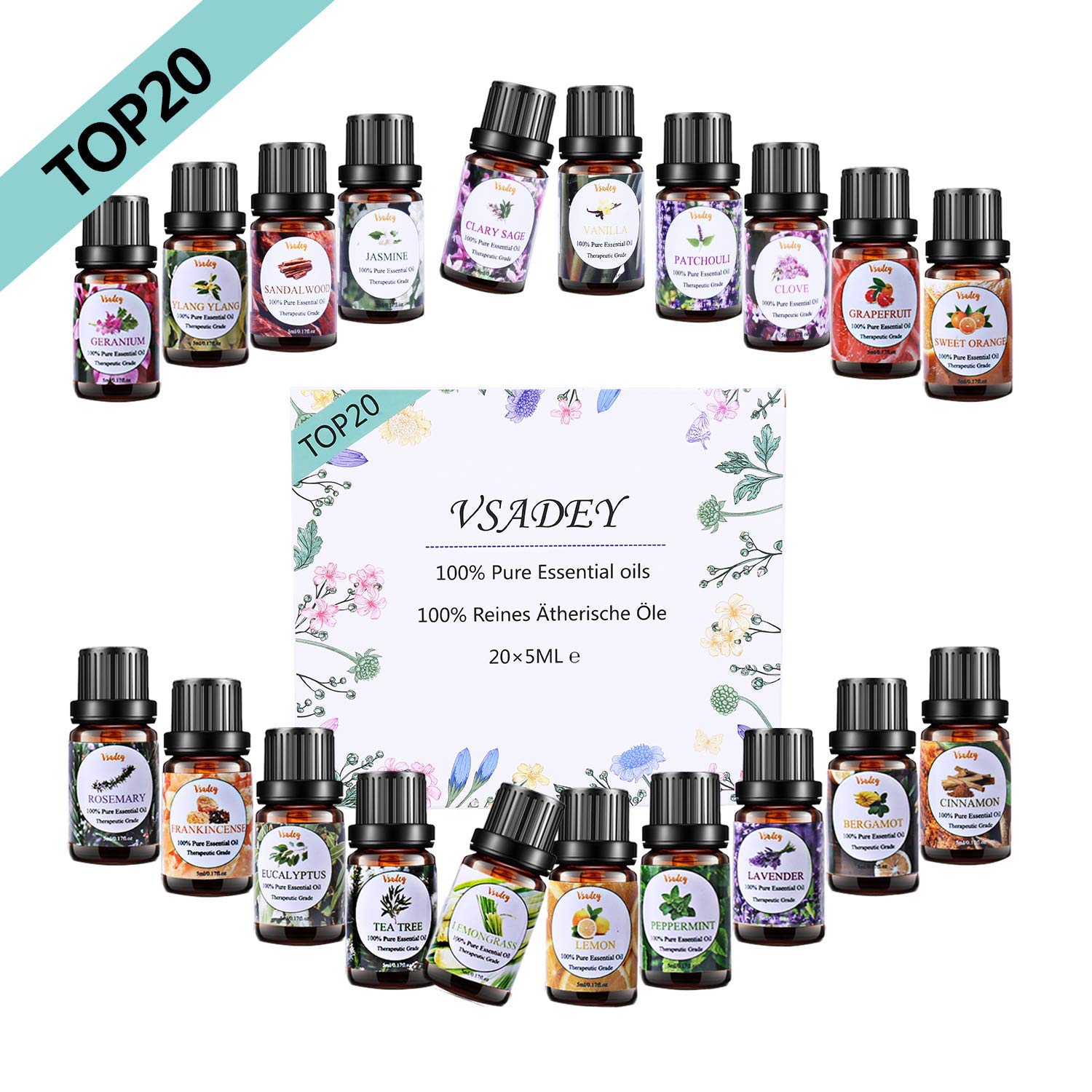 VSADEY Essential Oils Set 100% Pure Aromatherapy Essential Oil Kit for Diffuser, Humidifier, Massage, Skin Care - Lavender, Eucalyptus, Peppermint, Tea Tree, Sweet Orange, Lemongrass (20 x 5ml): Beauty