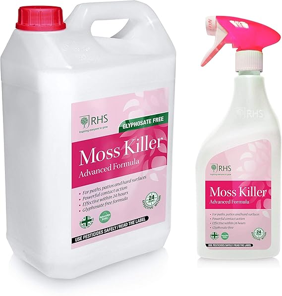 RHS 1L + 5L Moss killer Glyphosate free formula Paths, patios and
