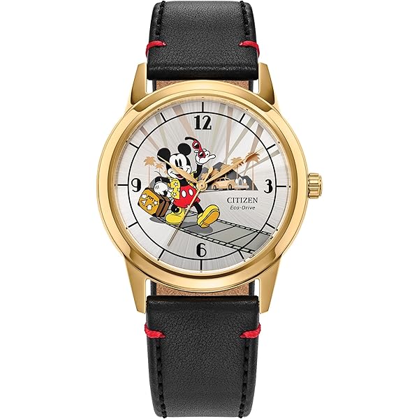 Mickey Mouse Disney Dreaming of Friends Gold Tone Round Watch Black Leather Band Amazon.com: Citizen Men main image 2