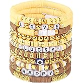 Gushu 11pcs Beaded Bracelets Set Surfer Heishi Clay Bead Friendship Bracelets for Women Bohemian Stackable Evil Eye Vinyl Disc Beaded Stretch Bracelets Elastic Layering Preppy Y2K Bracelets Jewelry for Teen Girls