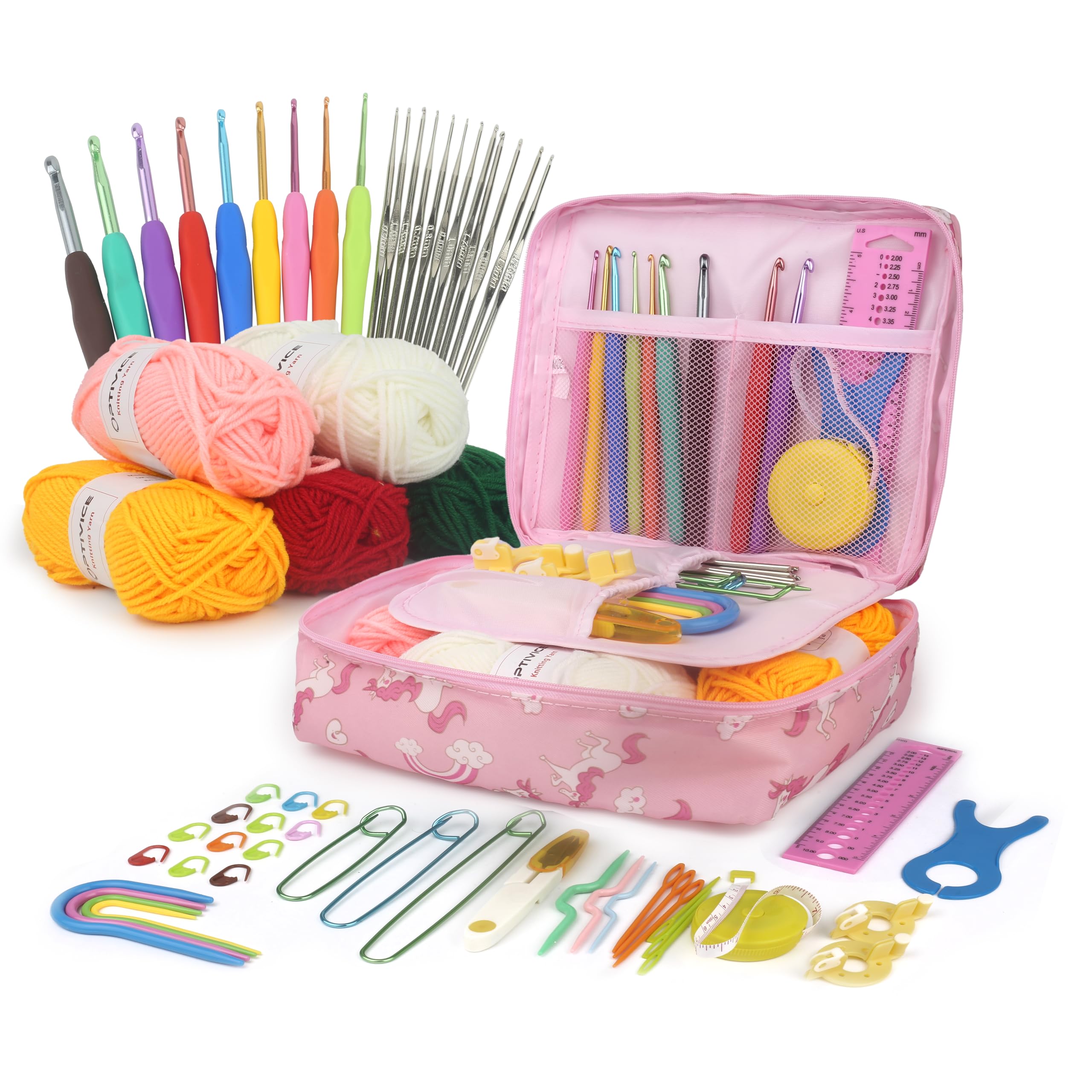 OPTIVICE Crochet Kit for Beginners Adults – 30+ Piece Set with Ergonomic Crochet Hooks (0.6–6.0 mm), Yarn, Accessories & Storage Case – Knitting & Crochet Starter Kit for Kids & Adults (Pink)