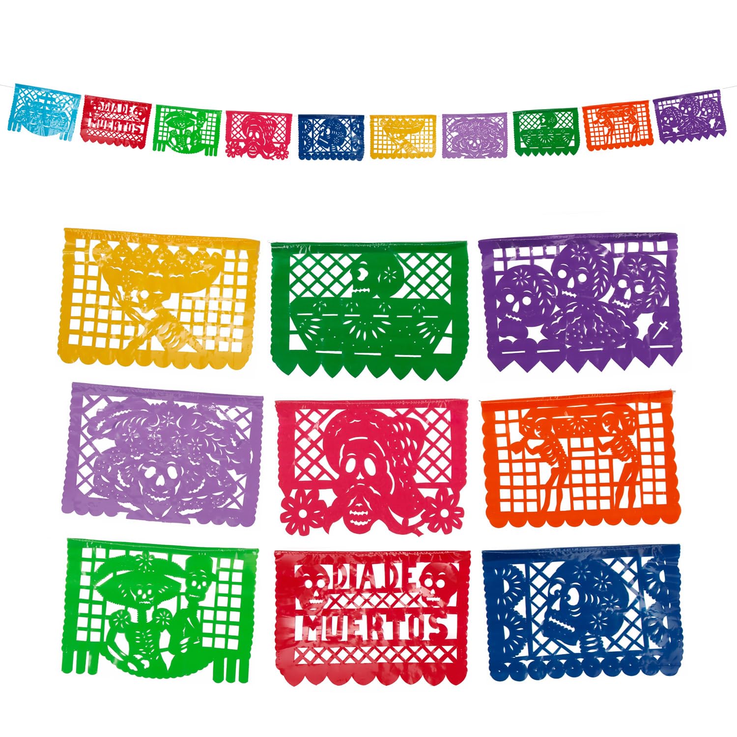 FANMEX - Fantastik - Authentic Mexican Papel Picado Banner - Skull design - Day of the dead - 4 meters (Plastic)