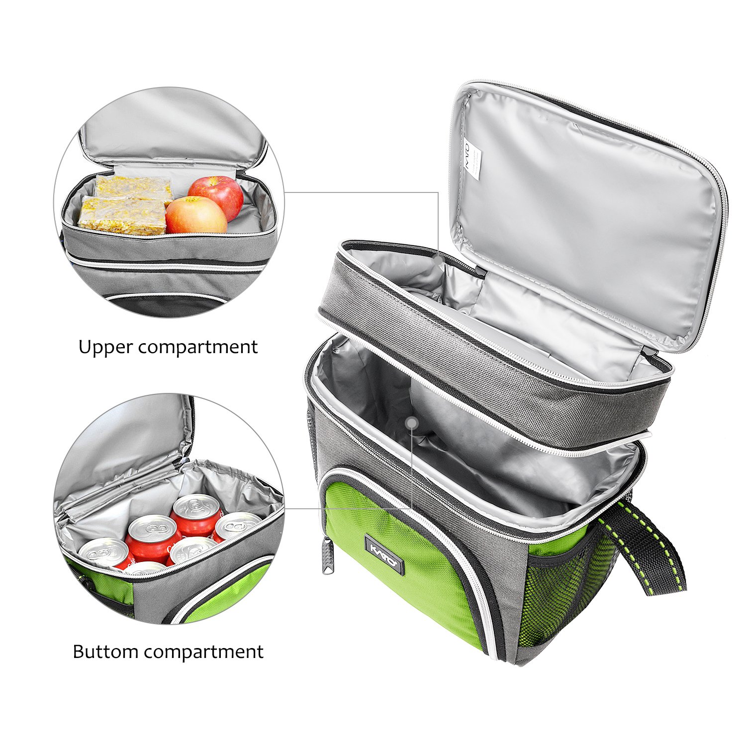Insulated Small Lunch Bag, Leakproof Dual Compartment Thermal Cooler Reusable Lunch Tote for Men and Women by Kato, Green