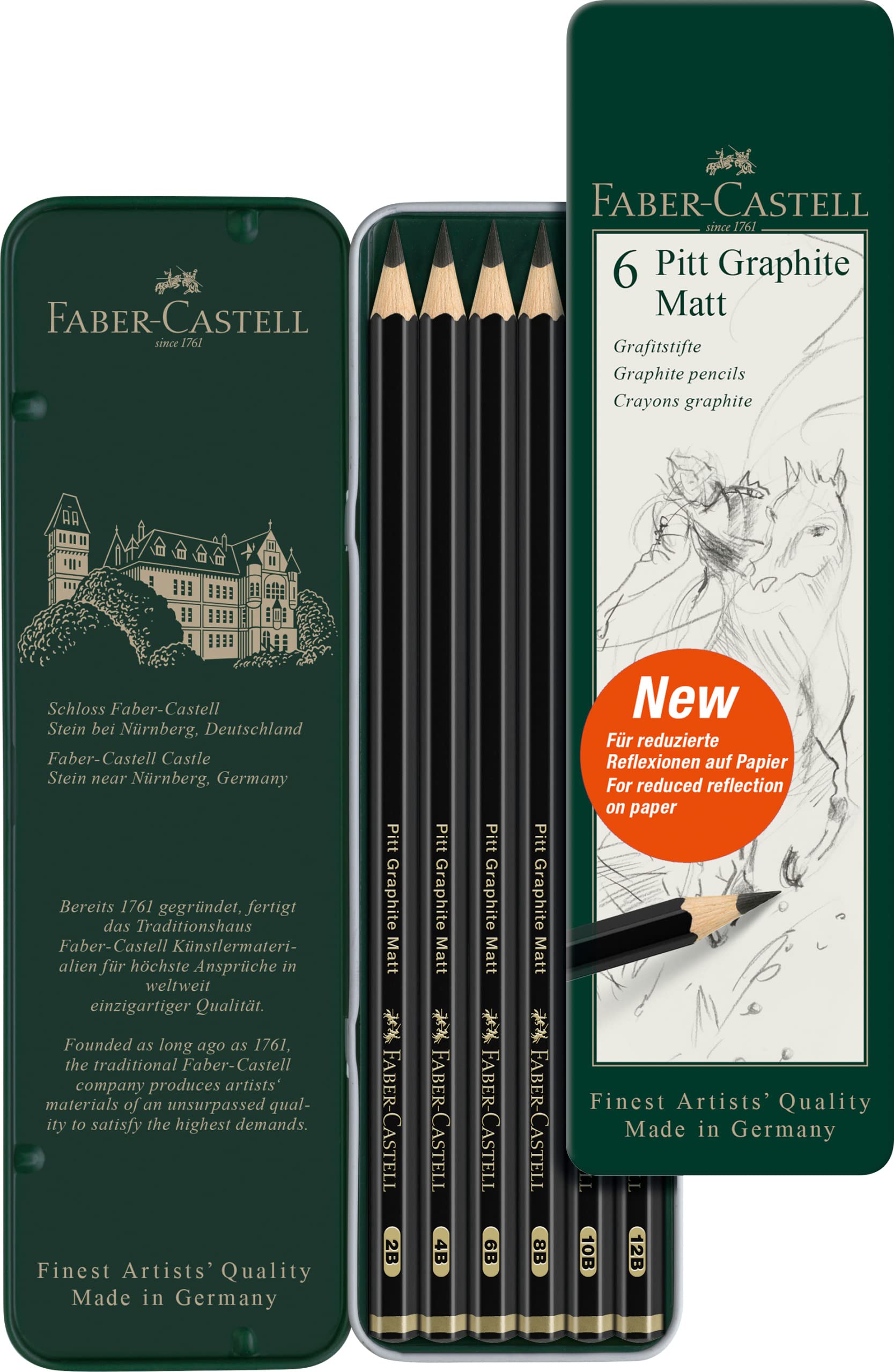 Faber-Castell Art & Graphic Pitt Graphite Matt Pencil, Tin of 6, for Craft, Drawing, Sketching, Home, School, University, Colouring