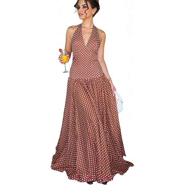 Lingt Chic Women's Polka Dot Maxi Dress Halter Neck Sleeveless Drop Waist  Flowy Summer Wedding Beach Sundress at Amazon Women's Clothing store