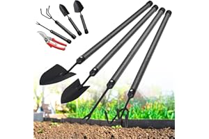 EUIJOIP Garden Tool Set with Extended Long Handle, 5 Pieces Stainless Steel Gardening Tool Kit, Gifts for Parents and Kids Including Trowels, Hand rake, Weeder, Pruning Shears for Weeding Planting