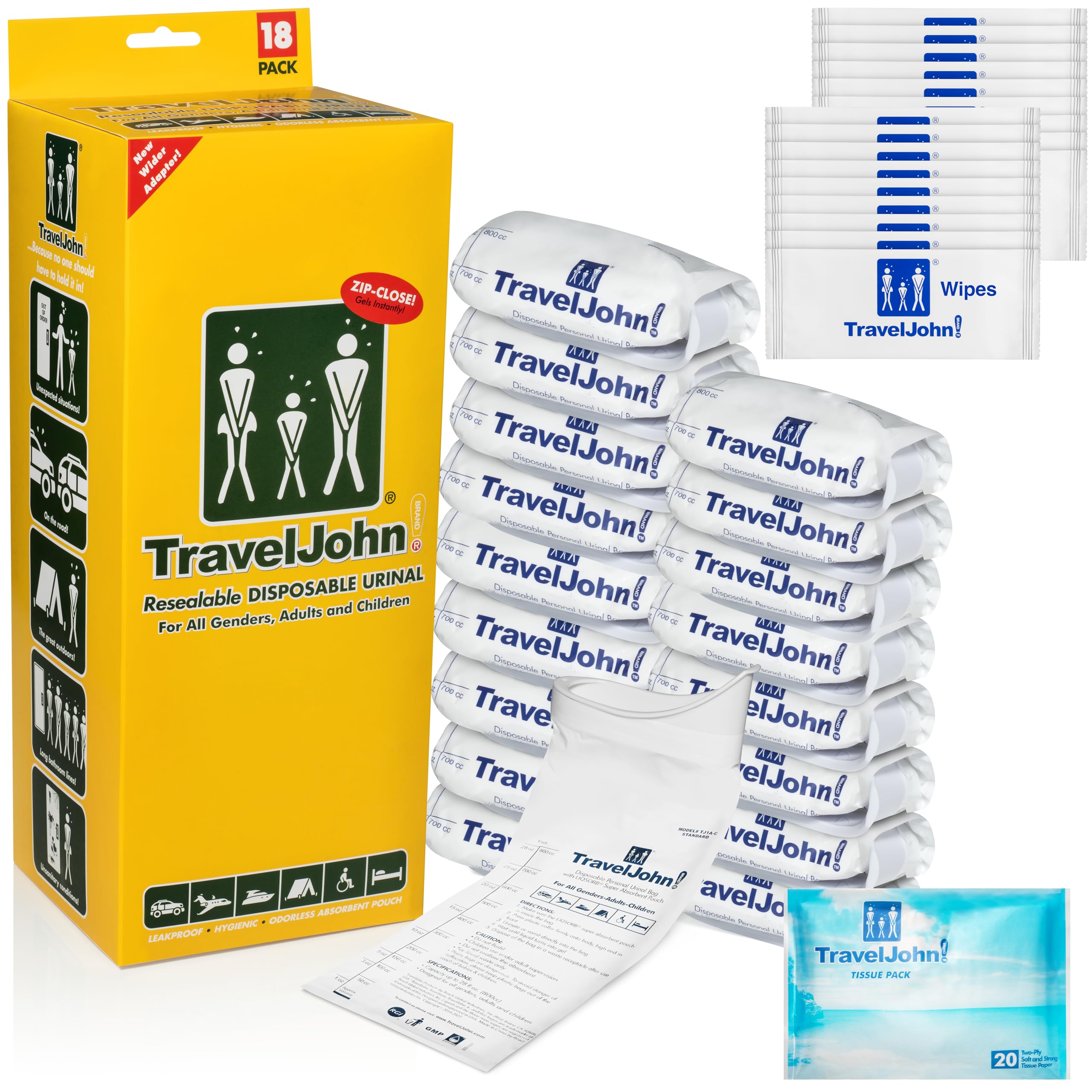 TravelJohn Resealable Disposable Urinal for All Genders, Adults, and Children (18 Pack) Designed for Emergencies, Travel, Camping, Long Car Rides and More - 28oz/800ml Capacity (TJ1N-C)
