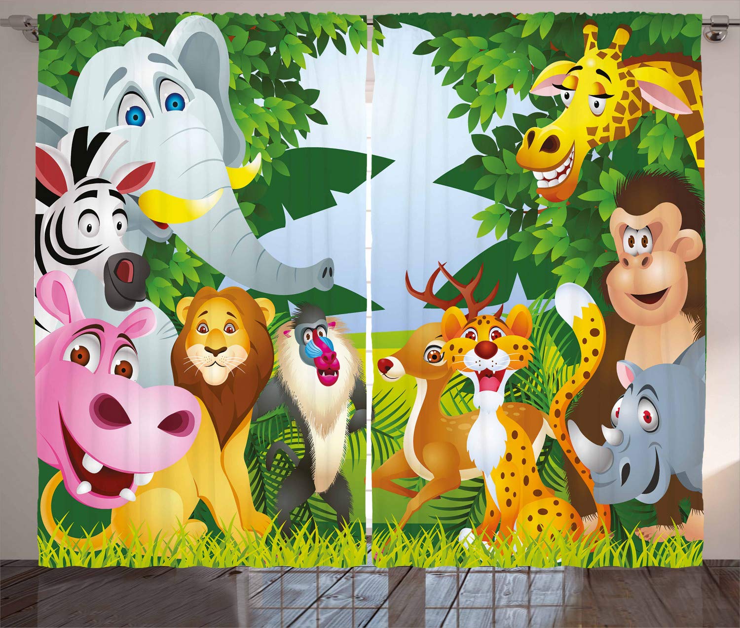ABAKUHAUS Nursery Curtains, Group of Safari Jungle Animals with Funny Expressions Savannah Mascots, Living Room Bedroom Window Drapes 2 Panel Set, 280 x 225 cm, Green Yellow