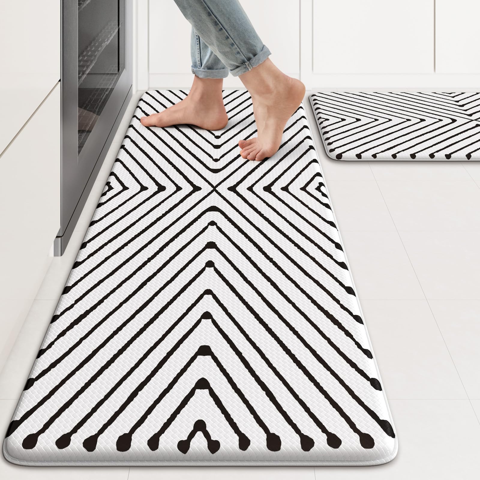 Photo 1 of ?KIMODE Kitchen Mats Cushioned Anti Fatigue, Geometric Kitchen Rugs Sets of 2, Non Slip Waterproof Kitchen Floor Mats, Comfort Standing Mats for Laundry Office Sink Desk 17"x47"+17"x29" Black Diamond