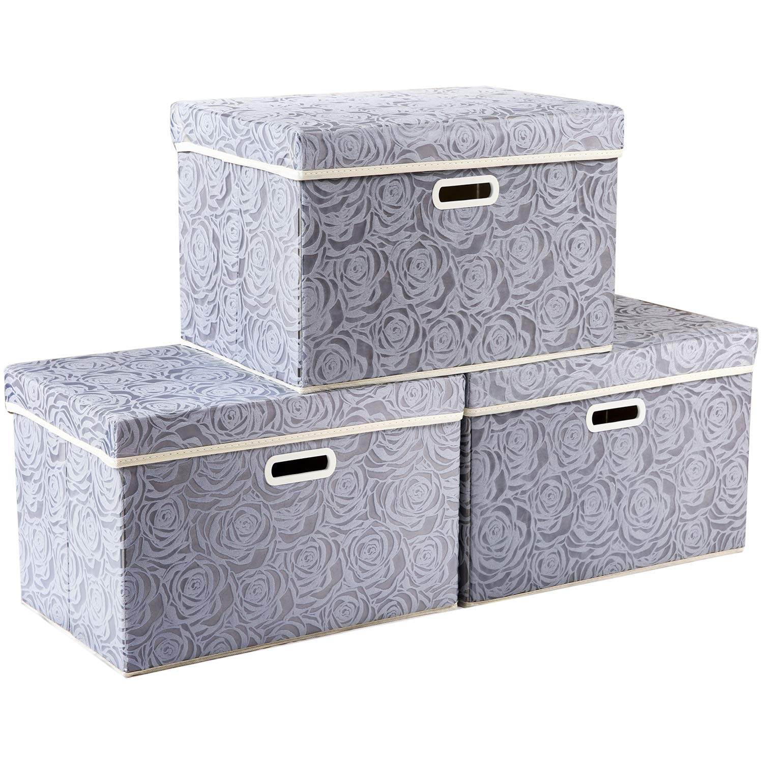 Storage Boxes with Lids Large.Rose Pattern Fabric Decorative Storage Box, Really Useful Box,Clothing Storage,Cubes Organizers,Collapsible,Stackable,43x30x30cm, Gray[3-Pack] — image 1