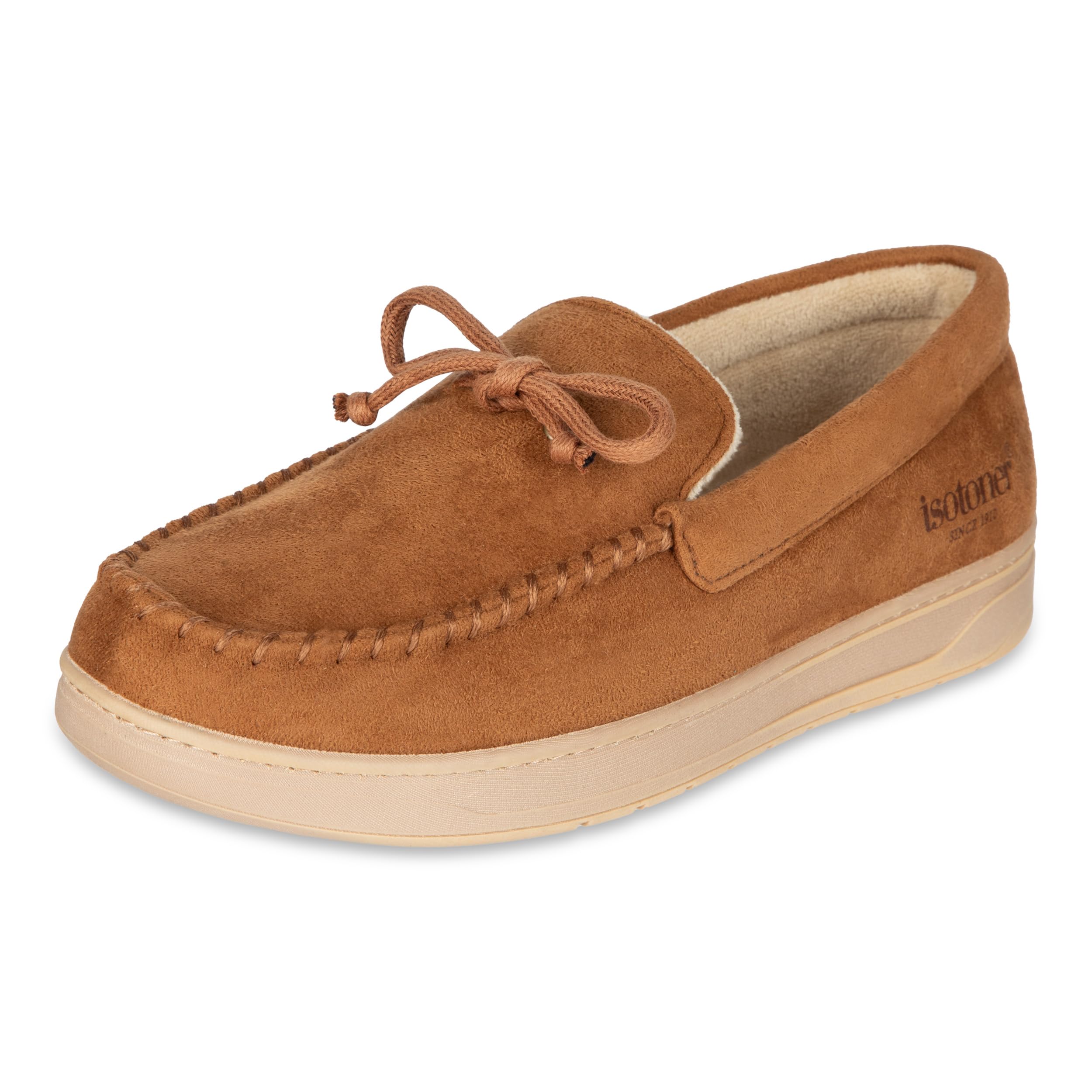 Isotoner Men’s Slip-On Indoor/Outdoor Essential Microsuede Boater Moccasin with Memory Foam Comfort Slipper, Cognac, Large