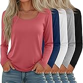 Sweetyweee 5 Pack Women's Long Sleeve Shirts Scoop Neck Tops Loose Fit Tshirt Pullover Undershirt Basic Fall Layer Casual Tee