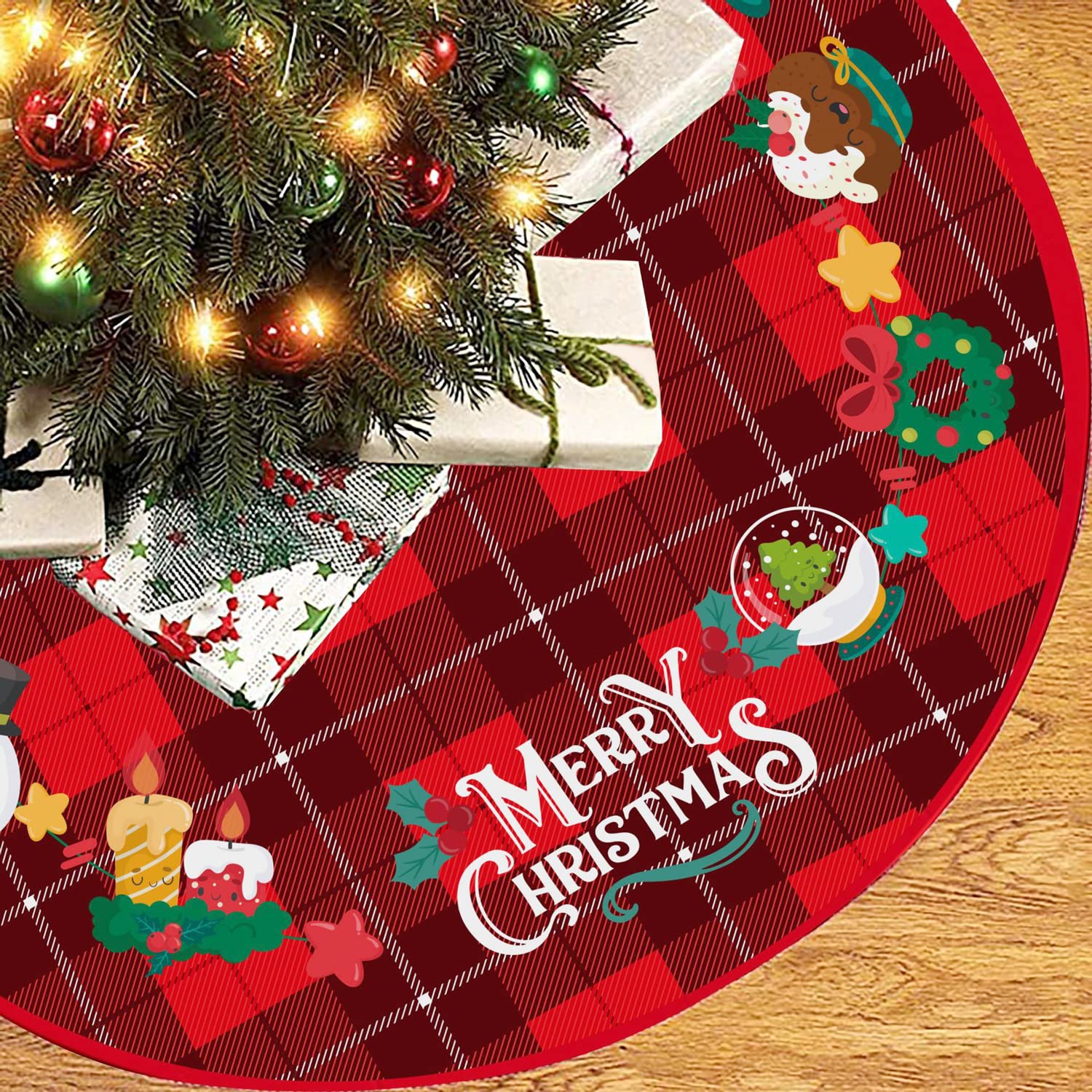 Christmas Tree Skirt 90cm Soft Xmas Tree Decoration Mat Double Layers Tree Skirts Base Cover Christmas Tree Carpet with Santa Claus Snowman Pattern for Christmas Holiday Tree