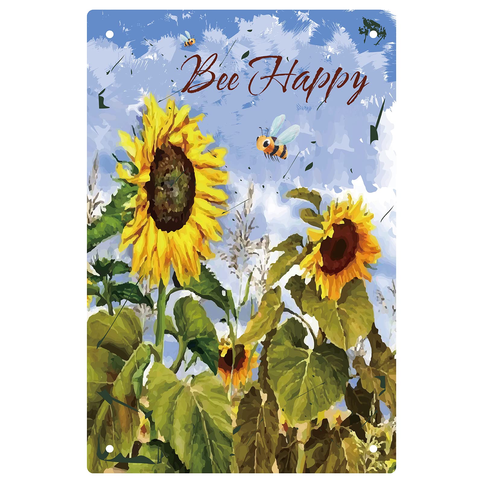 CREATCABIN Tin Sign Bee Happy Sunflowers Retro Vintage Metal Wall Decoration Art Mural for Home Garden Kitchen Bar Pub Living Room Office Garage Poster Plaque 8 x 12inch