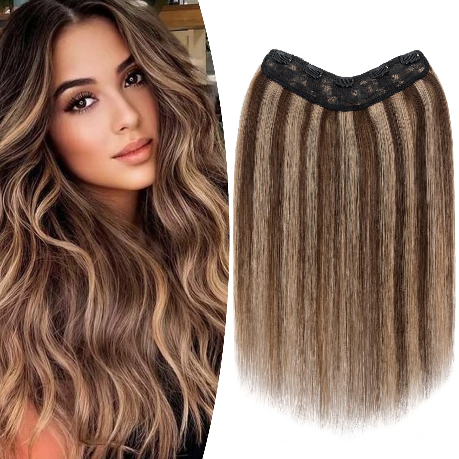 TESS Clip In Hair Extension,Hair Extensions Real Human Hair One Peice U-Shaped Balayage Straight Hairpieces for Women/Ladies/Girls(#4/27 Medium brown＆Dark blonde,12Inch) — image 1