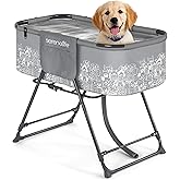 SereneLife Foldable Dog Bath Tub with Adjustable Height, 360° Access, Drain Hose & Storage Pockets – 130 lb Capacity Grooming