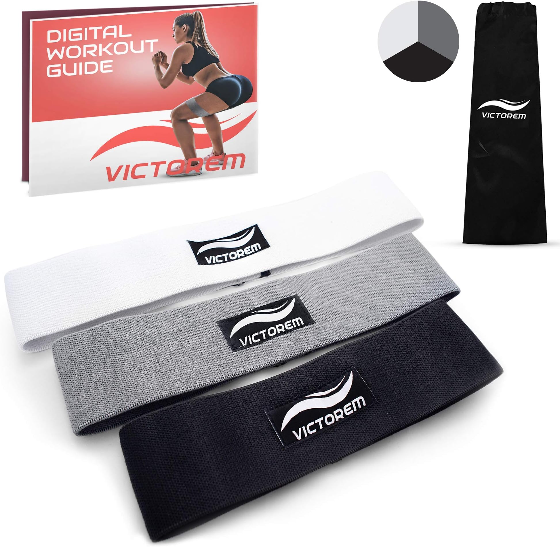 Victorem Booty Resistance Workout Hip Exercise Bands - Set of 3 - Wide, Cloth, Cotton Fitness Circle for Legs and Butt - Activate Glutes and Thighs - Bootie Training