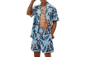 Poekuao Men's Hawaiian Matching Set Summer Beach Outfits 2 Piece Flower Tropical Short Sleeve Cuban Shirts and Shorts Suits