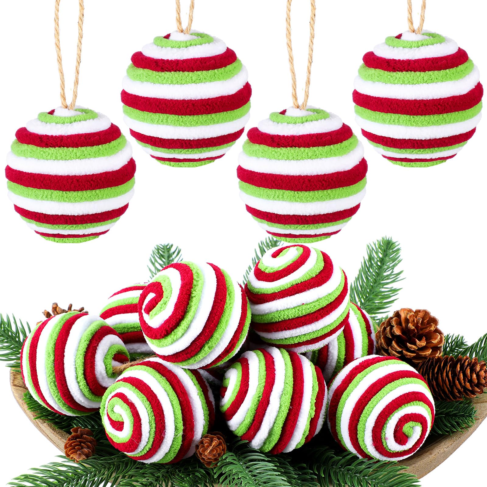 Photo 1 of 16 Pcs Fluffy Christmas Balls Ornaments 2.36 Inches Red Green White Christmas Balls Ornaments for Xmas Tree Peppermint Candy Hanging Decorations Elf Swirl Candy Cane for Bowl Basket Vase Fillers