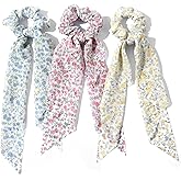 3 PCS Hair Scrunchies Hair Scarf, Chiffon Crushed Flower Bowknot Hair Ties with Ribbon Bunny Ears, Elastic Hair Scarf Long Ribbon Ponytail Scrunchies for Women Girls (Pink, Yellow, Green)