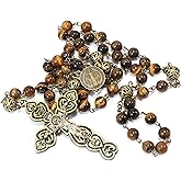 Nazareth Store Sacred St Benedict Tiger Eye Stone Beads Rosary Solid Beaded Necklace & Metal Glory Beads Catholic Cross Crucifix