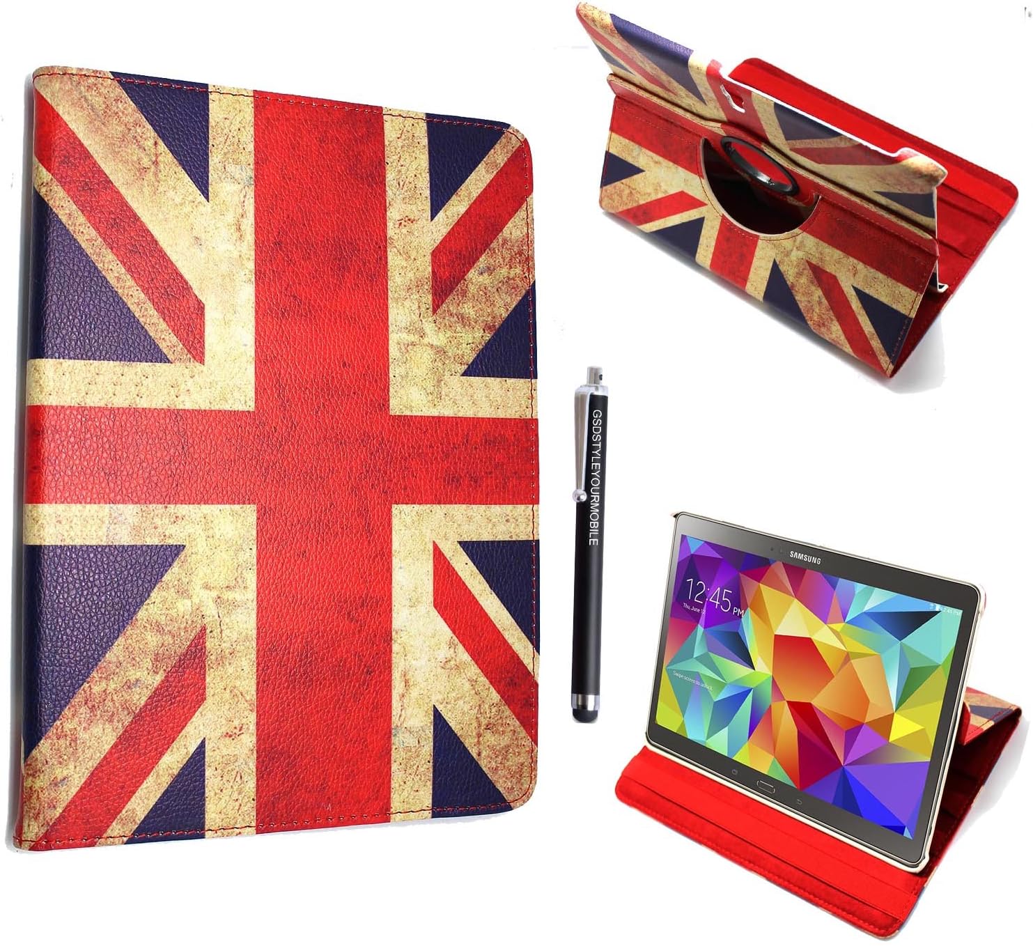 GSDSTYLEYOURMOBILE {TM} SAMSUNG GALAXY TAB S 10.5'' inch SM-T800 / SM-T805 FLIP BUILT IN MAGNET SLEEP/WAKE 360 STANDBY PU LEATHER CASE COVER+STYLUS (Vintage England British Flag 360)