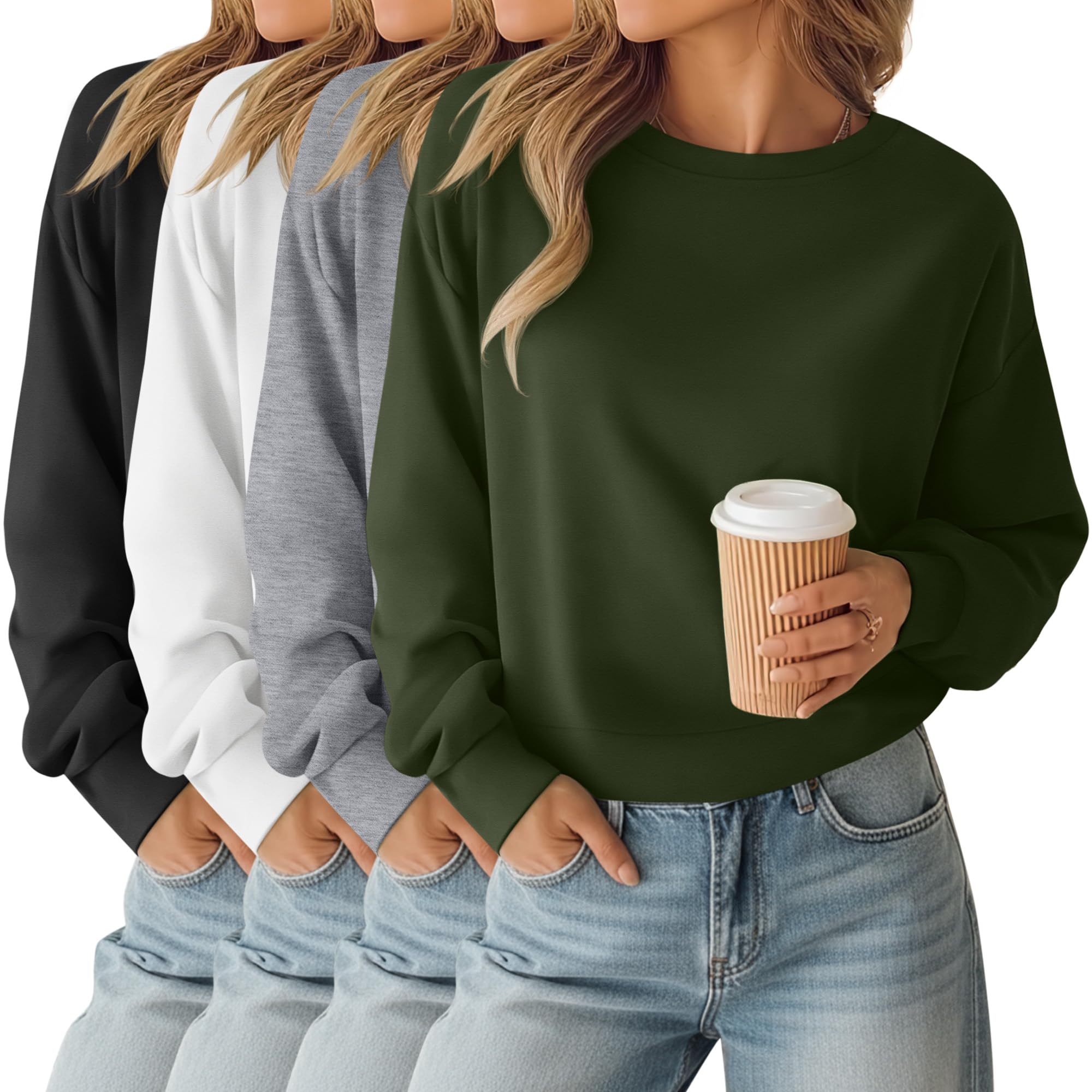 Photo 1 of **PARTIAL SET/ MISSING BLACK TOP*** Oakgarde  Womens Long Sleeve Cropped Sweatshirts Crew Neck Loose Fit Pullover Thermal Tops(Black, White, Light Gray, Army Green,Small)