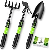 Bloomix 3 pcs Black Stainless Steel Gardening Tools Set &ndash; Heavy Duty Hand Trowel, Hand Rake &amp; Hoe Cultivator with Ergonomic Handles &ndash; Durable Garden Tool Kit for Plant Care and Soil Work