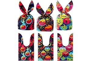 SAVITA 50pcs Halloween Candy Bags - Colorful Rabbit Ear Trick or Treat Bags for Candy, Cookie, Gift, Goodie, Sweet - Party Su