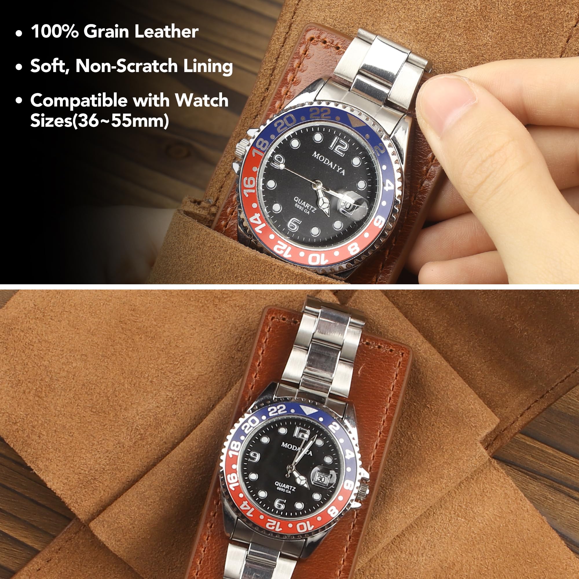 KOSMCCO Leather Watch Pouch - Portable Travel Pouch with Suede Lining and Leather Inserts, Single Watch Case for Lovers Gift (Brown)