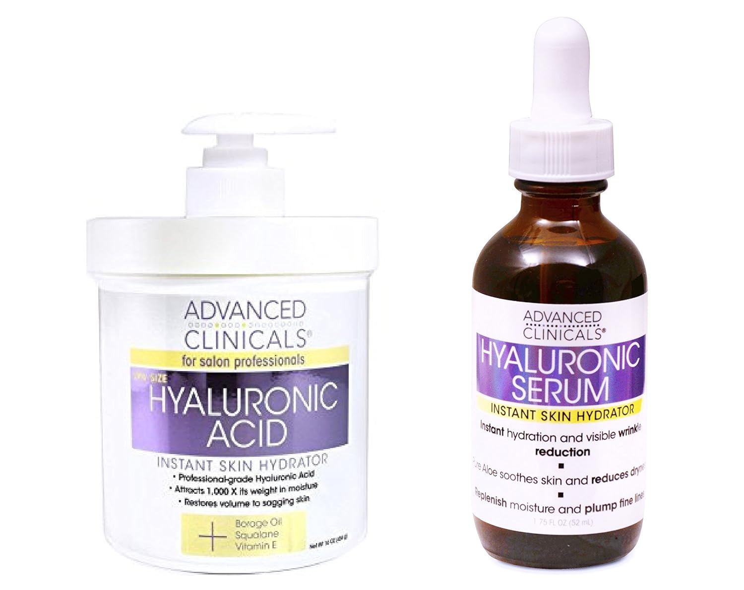 Advanced Clinicals Hyaluronic Acid Cream and Hyaluronic Acid Serum skin care set! Instant hydration for your face and body. Targets wrinkles and fine lines. Spa size 16oz cream & large 1.75oz serum.