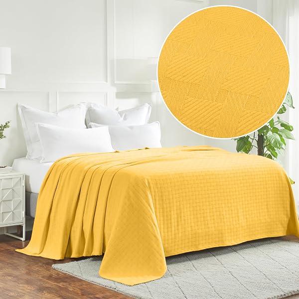 SUPERIOR BASKETWEAVE COTTON BLANKET, BASKET WEAVE DESIGN, SOFT, COMFY COVER FOR BED, BEDDING, BEDROOM, COUCH THROW, LOUNGING, MODERN BOHO MEDIUM WEIGHTED BLANKETS, FULL/QUEEN, GOLD