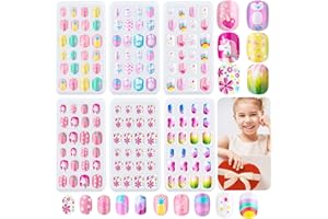 144 Pieces Press on Nails Grils, Thrilez Children Fake Artificial False Nail Tips Pre Glue Full Cover Short Acrylic Nails for Girls Kids Nail Art Decoration (Rainbow Sky)