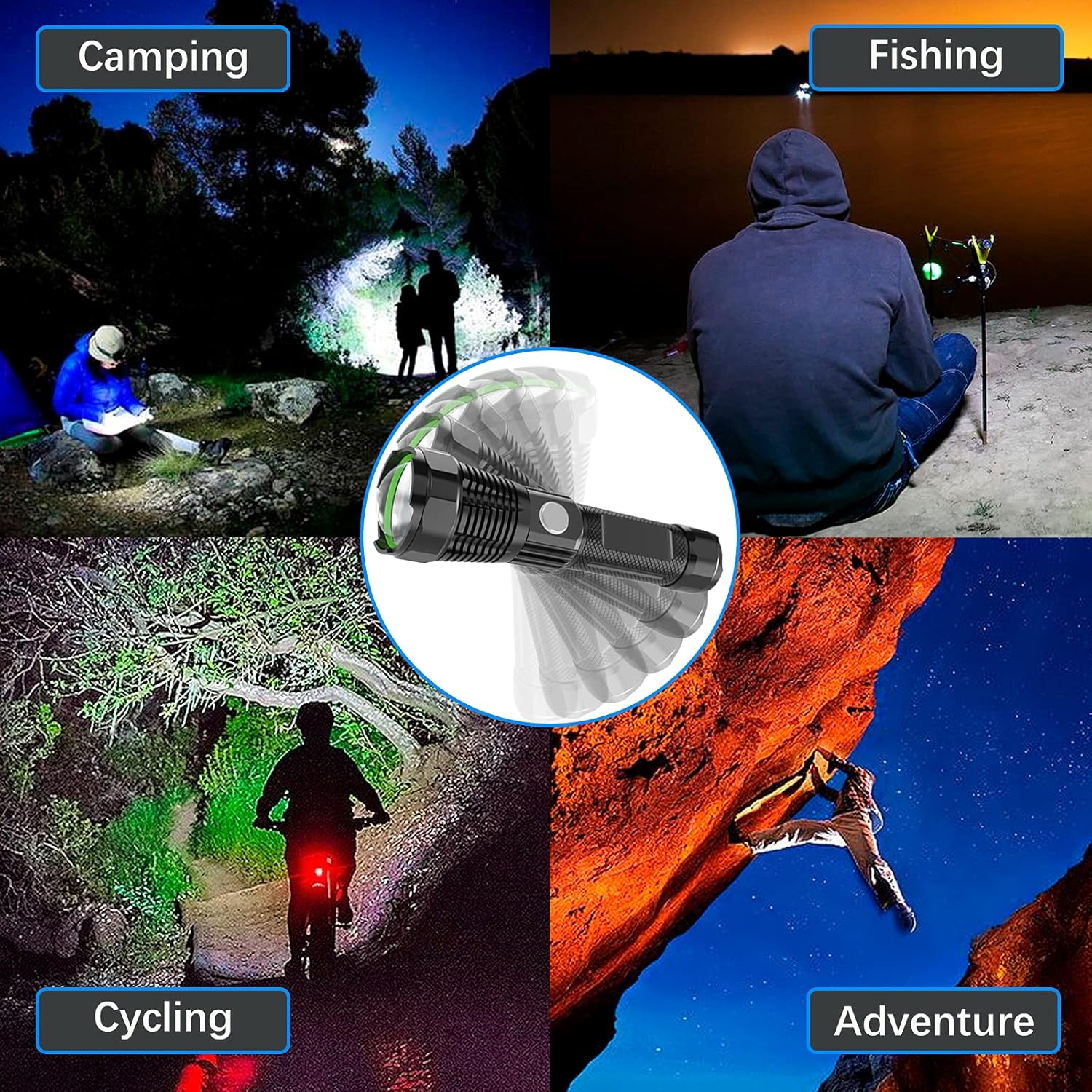 Flashlight with USB Charging Port, Charger for Phone - Wansurs LED Rechargeable Super Bright Tactical Electric Torch, Zoomable and Waterproof with Aluminum Shell and 26650 Battery (Black) - - 