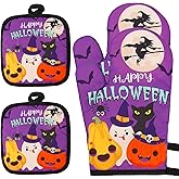 Lucleag 4 Pieces Halloween Oven Mitts and Pot Holders Set, Happy Halloween Pumpkin Ghost Oven Mitts & Potholders Heat Resistant Non Slip Cooking Gloves for Halloween Party BBQ Cooking Baking Grilling