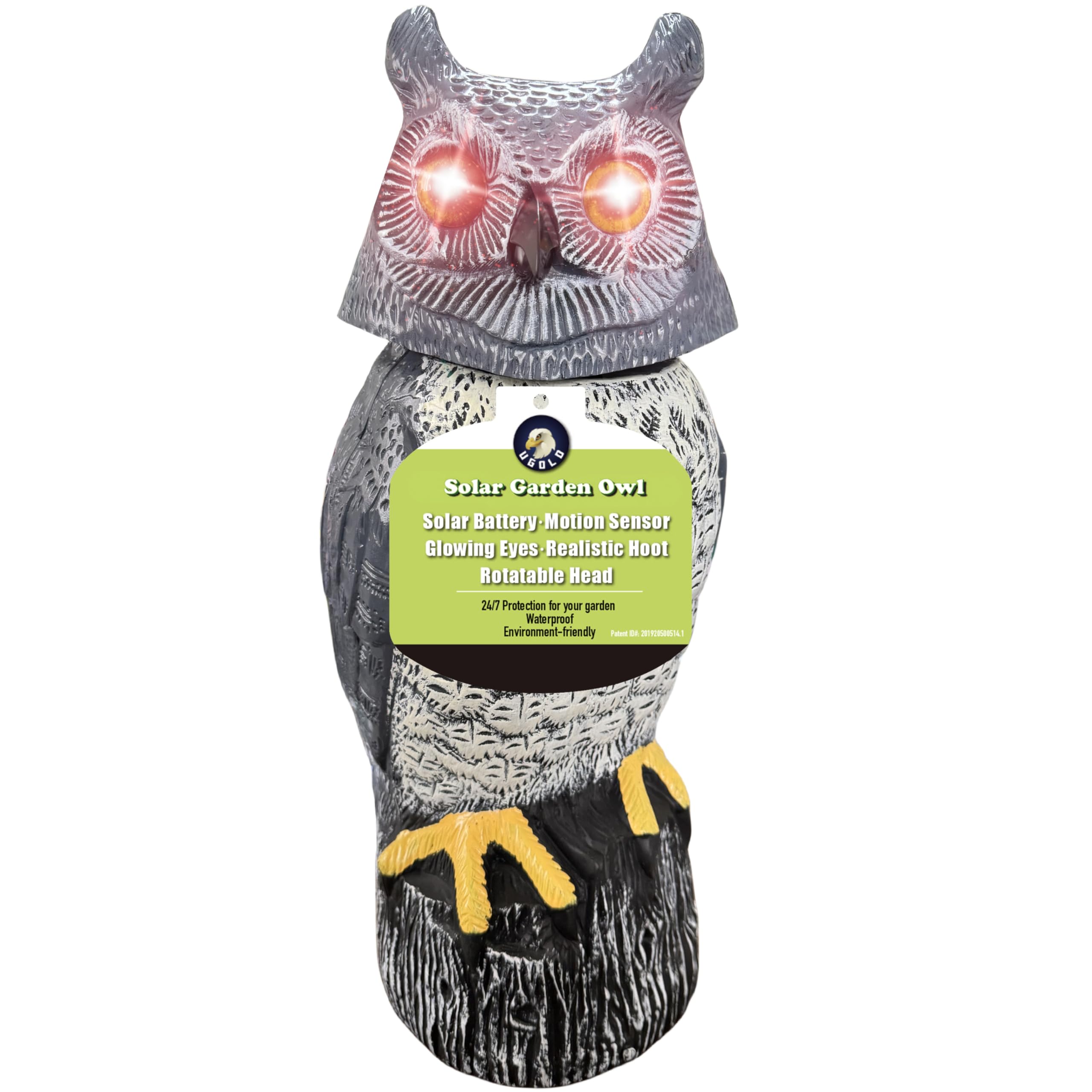 Photo 1 of Ugold Solar Powered Garden Owl with Detection, Gradient Colored Light, Rotating Head, Realistic Hoots and Silent Mode, Garden Sculpture, Plastic Owl Decoration for Home, Garden, Patio and Lawn
