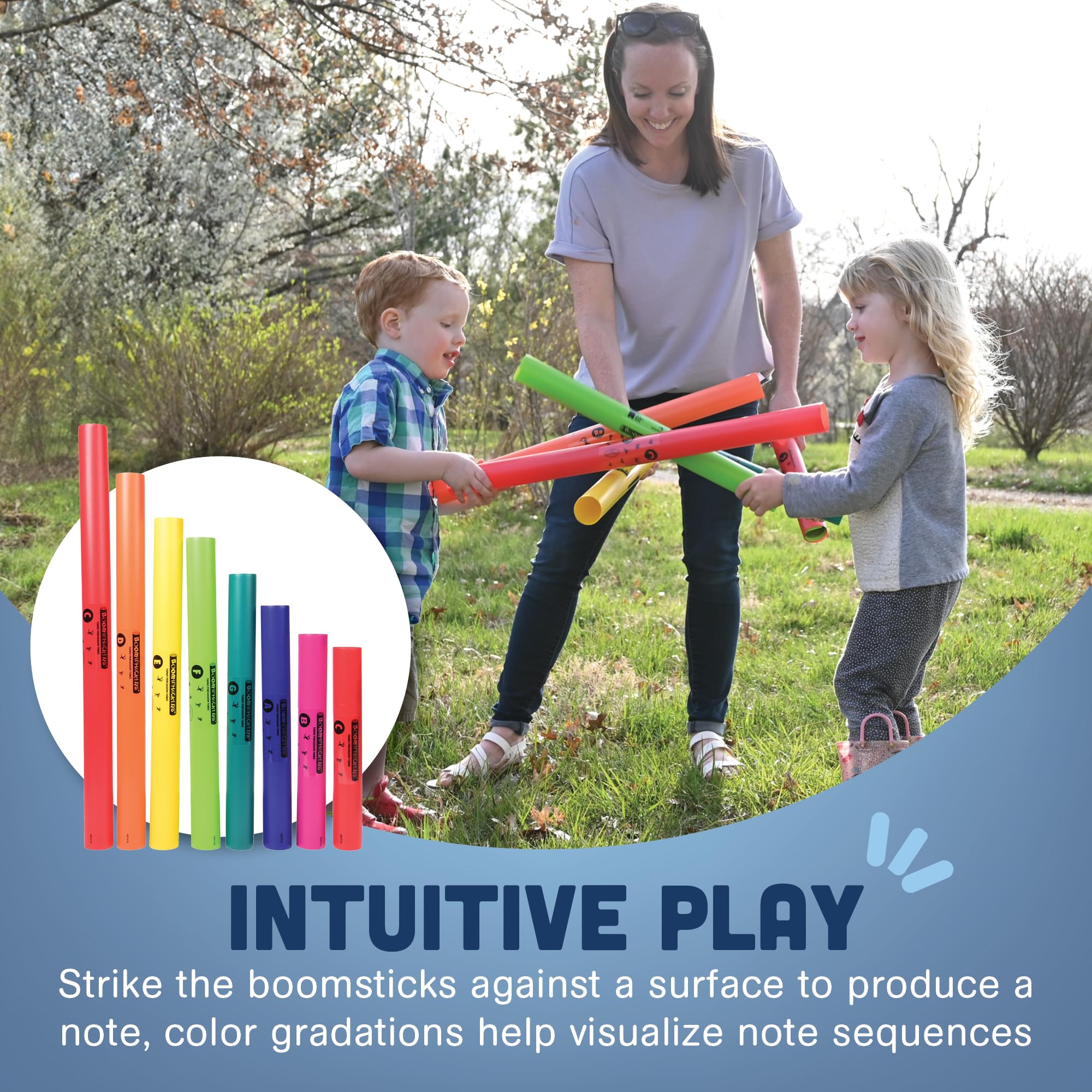 Constructive Playthings Boomwhackers Music Tubes, C to C Scale Musical Sound Tube, Classroom Instruments for Kids, Diatonic Set of 8