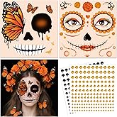 HOWAF Day of the Dead Face Tattoos, Orange Dia De Los Muertos Face Tattoo 2 Marigold Flowers Butterfly Face Temporary Tattoos with 2 Sheets Jewels Sticker for Dia De Los Muertos Costume Accessories
