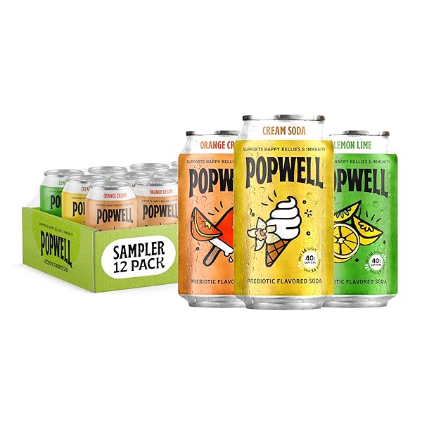 POPWELL CAFFEINATED VARIETY PACK BETTER-FOR-YOU PREBIOTIC SODA, WITH 6G FIBER, 1G SUGAR, VITAMINS AND IMMUNITY SUPPORT, 12 FL OZ, 12 COUNT (ORANGE CREAM, LEMON LIME, CREAM SODA)