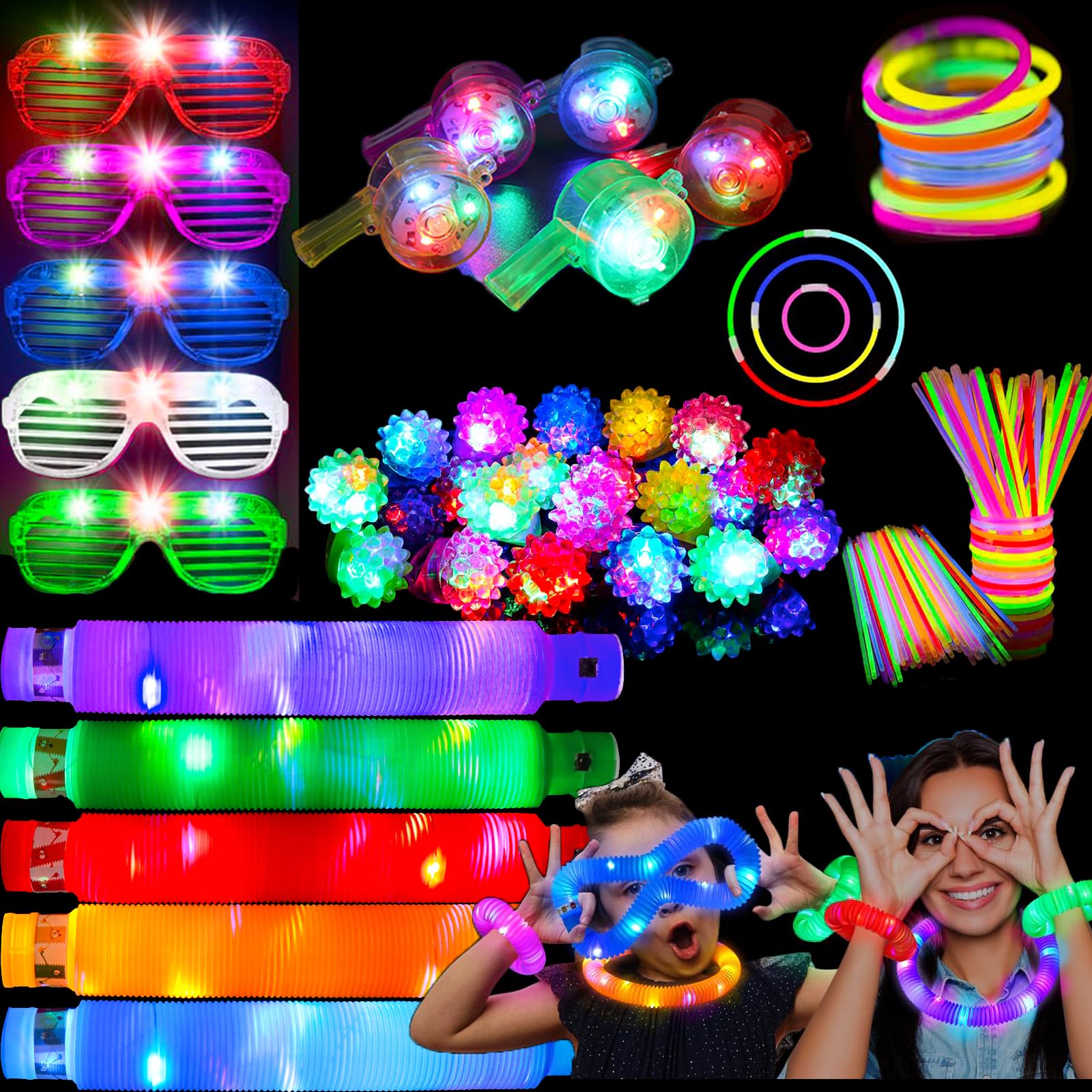 120PCS Glow Party Supplies Pack - LED Pop Tubes, Light-Up Glasses, Lighted Whistles, LED Rings & Glow Sticks for Events