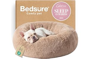 Bedsure Calming Dog Bed Medium Size Dog - Donut Washable Medium Pet Bed, 30 inches Anti-Slip Round Fluffy Plush Faux Fur Cat Bed, Fits up to 45 lbs Pets, Camel