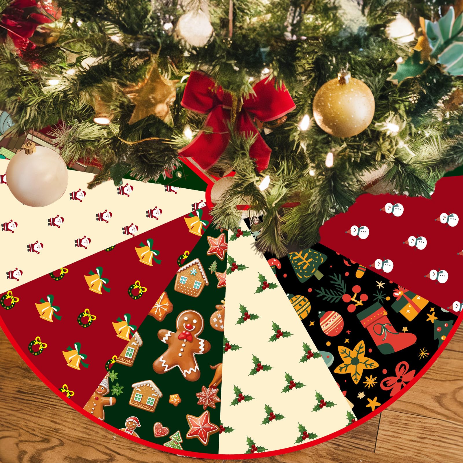 Christmas Tree Skirt, 48 Inch Round Christmas Decorations Tree Skirt, Vintage Polyester Xmas Tree Mat, Graffiti Red Green Tree Skirt Xmas Ornament for Winter Holiday New Year Indoor Outdoor Party