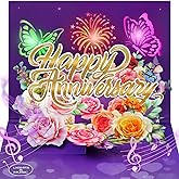 FaCraft Anniversary Card - 3D Pop Up Happy Anniversary Cards for Wife Husband, Music & Light Wedding Anniversary Card for Him Her, with Blank Insert Envelope and Seal (Roses Butterflies Theme)